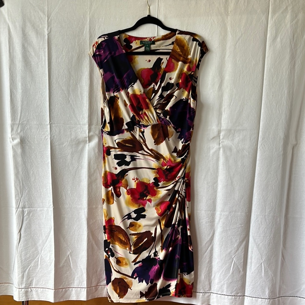 Ralph Lauren Sheath Midi Dress V-Neck in Red Brown Purple palette
